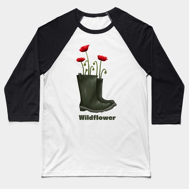 Wildflower Poppies in Rainboots Baseball T-Shirt by Pastel.Punkk